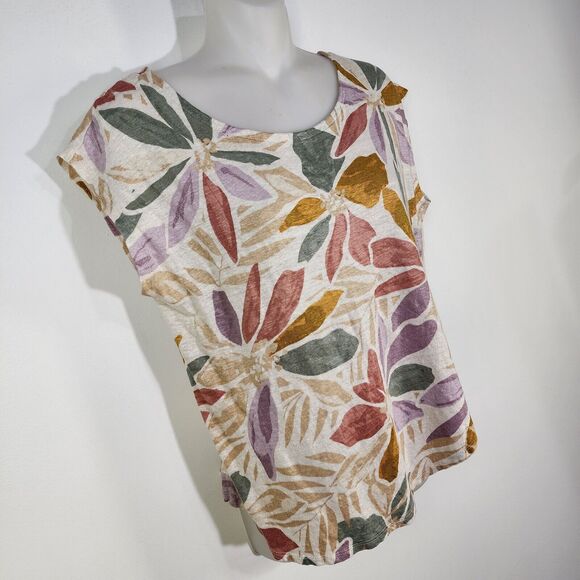 Nicole Miller Top Women's Medium 100% Linen Floral Print Neutral Boho Cap Sleeve - Picture 4 of 8